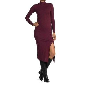 Burgundy Long Sleeve Ribbed Mock Neck Midi Dress with Side Slit